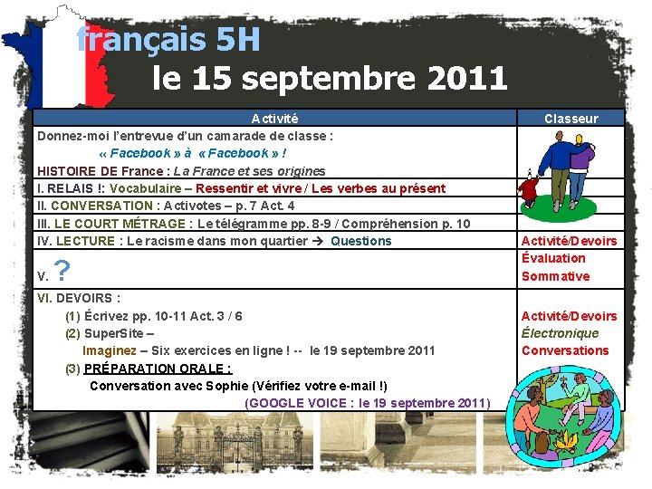 français 5 H le 15 septembre 2011 Activité Donnez-moi l’entrevue d’un camarade de classe