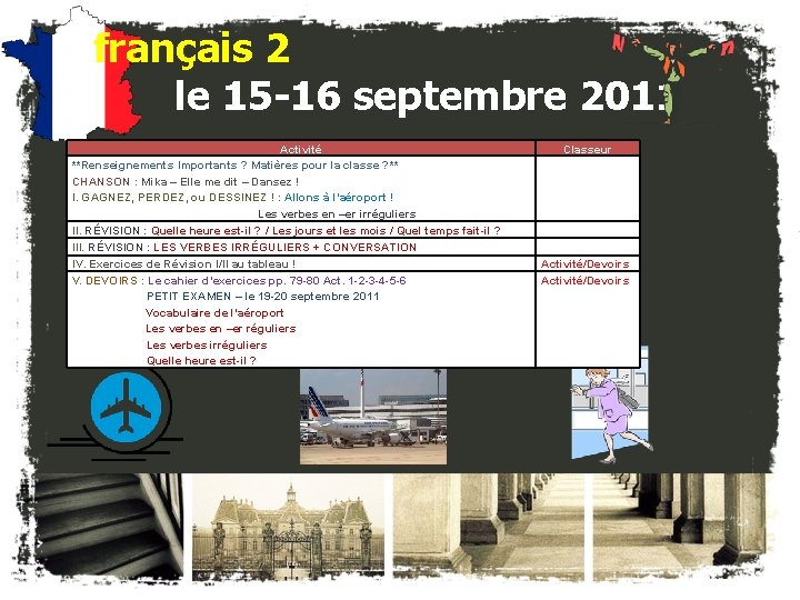 français 2 le 15 -16 septembre 2011 Activité **Renseignements Importants ? Matières pour la