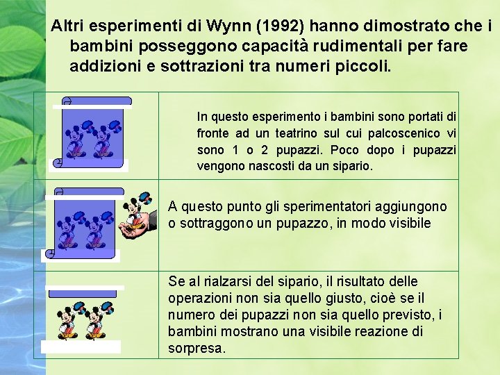 Altri esperimenti di Wynn (1992) hanno dimostrato che i bambini posseggono capacità rudimentali per