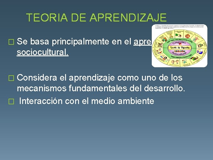 TEORIA DE APRENDIZAJE � Se basa principalmente en el aprendizaje sociocultural. � Considera el