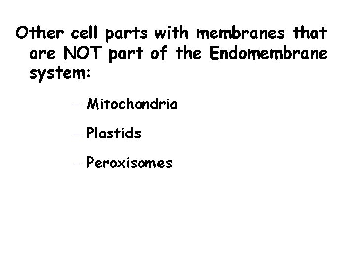 Other cell parts with membranes that are NOT part of the Endomembrane system: –