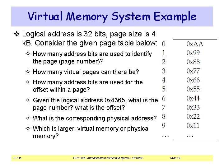Virtual Memory System Example v Logical address is 32 bits, page size is 4 Virtual Memory System Example v Logical address is 32 bits, page size is 4