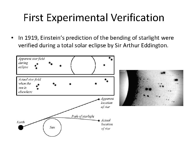 First Experimental Verification • In 1919, Einstein’s prediction of the bending of starlight were