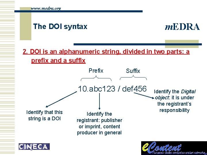 www. medra. org m. EDRA The DOI syntax 2. DOI is an alphanumeric string,