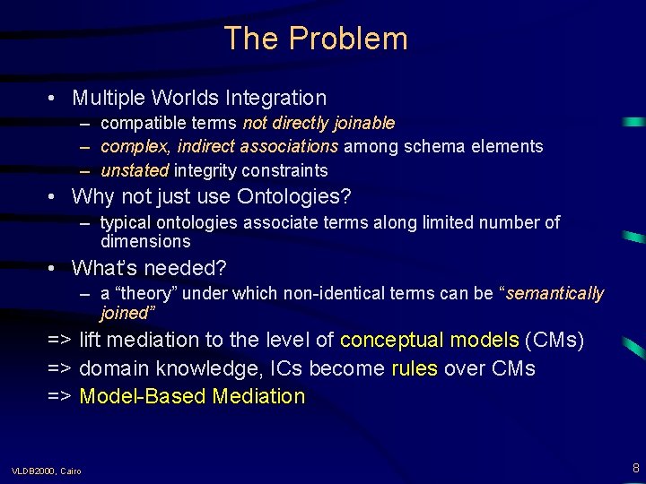 The Problem • Multiple Worlds Integration – compatible terms not directly joinable – complex,