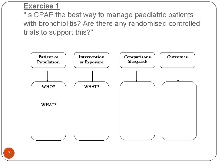 Exercise 1 “Is CPAP the best way to manage paediatric patients with bronchiolitis? Are Exercise 1 “Is CPAP the best way to manage paediatric patients with bronchiolitis? Are