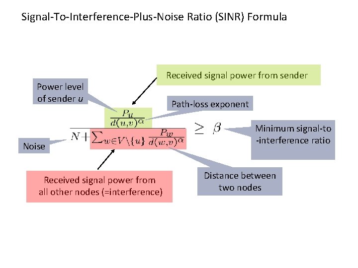 Signal-To-Interference-Plus-Noise Ratio (SINR) Formula Power level of sender u Noise Received signal power from