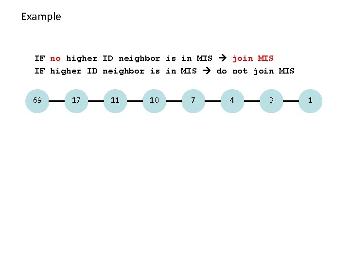 Example IF no higher ID neighbor is in MIS join MIS IF higher ID