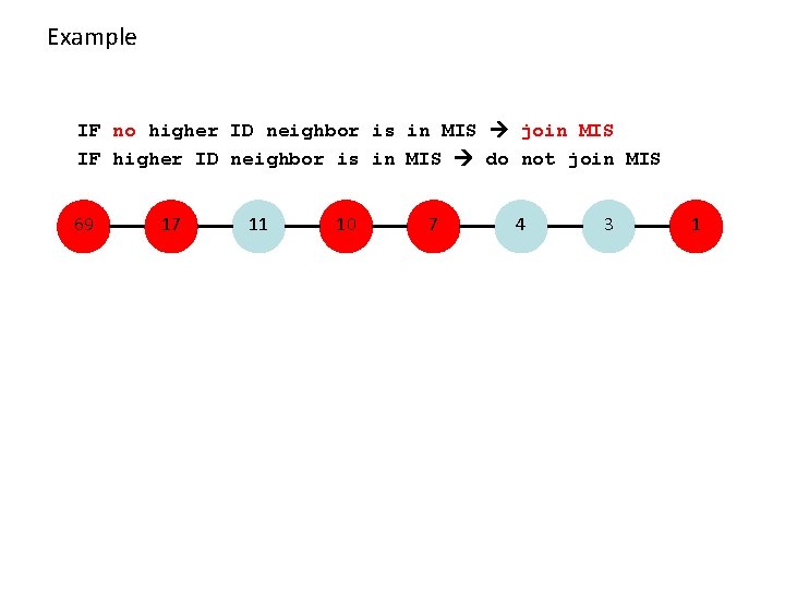 Example IF no higher ID neighbor is in MIS join MIS IF higher ID