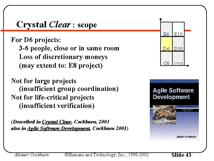 Crystal Clear : scope For D 6 projects: 3 -6 people, close or in