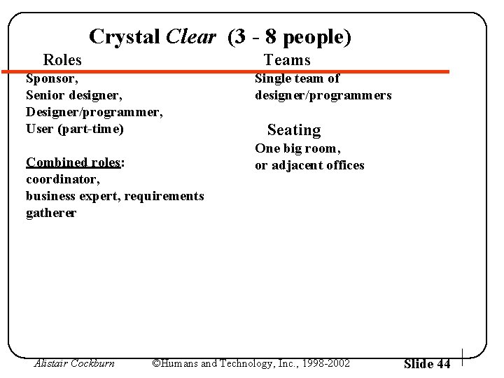 Crystal Clear (3 - 8 people) Roles Teams Sponsor, Senior designer, Designer/programmer, User (part-time)