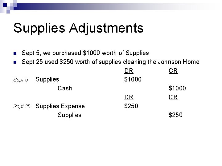 Supplies Adjustments Sept 5, we purchased $1000 worth of Supplies n Sept 25 used