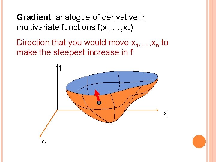 Gradient: analogue of derivative in multivariate functions f(x 1, …, xn) Direction that you