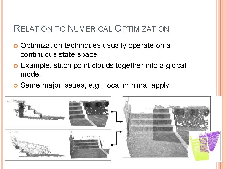 RELATION TO NUMERICAL OPTIMIZATION Optimization techniques usually operate on a continuous state space Example: