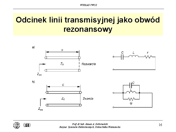 WYKŁAD TWCZ Odcinek linii transmisyjnej jako obwód rezonansowy Prof. dr hab. Janusz A. Dobrowolski