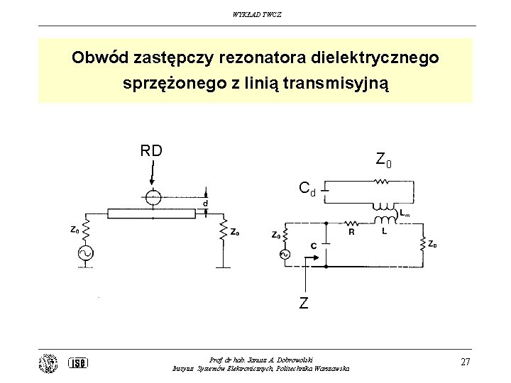 WYKŁAD TWCZ Obwód zastępczy rezonatora dielektrycznego sprzężonego z linią transmisyjną RD Z 0 Cd