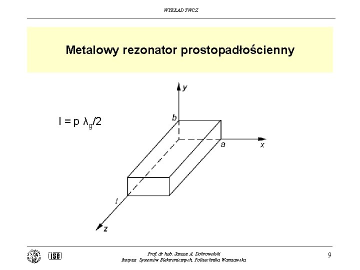 WYKŁAD TWCZ Metalowy rezonator prostopadłościenny l = p λg/2 Prof. dr hab. Janusz A.