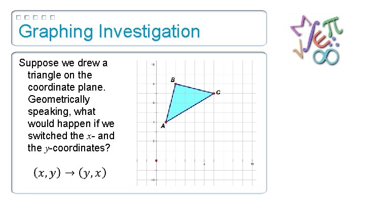 Graphing Investigation Suppose we drew a triangle on the coordinate plane. Geometrically speaking, what