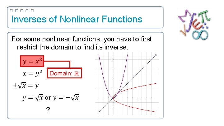 Inverses of Nonlinear Functions For some nonlinear functions, you have to first restrict the