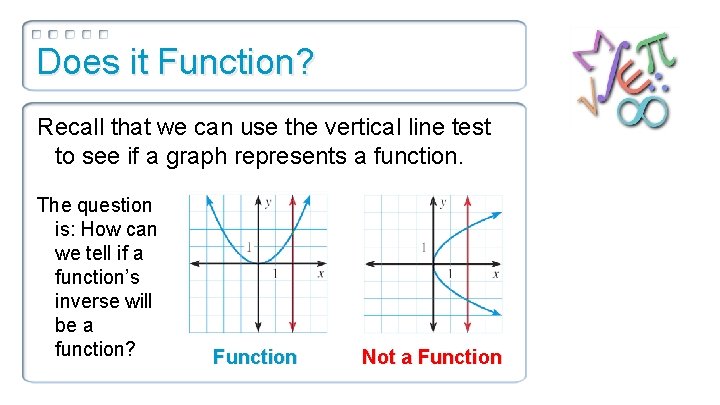 Does it Function? Recall that we can use the vertical line test to see