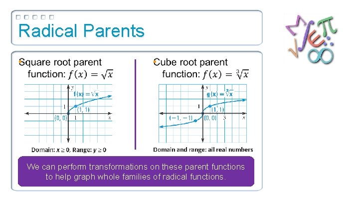 Radical Parents • • We can perform transformations on these parent functions to help