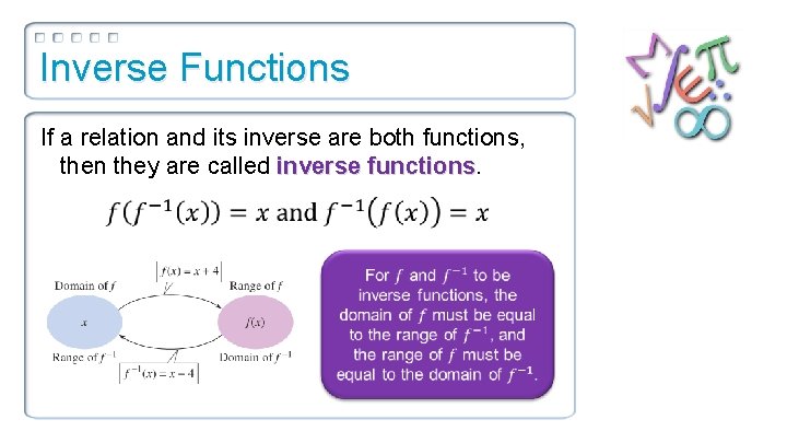 Inverse Functions If a relation and its inverse are both functions, then they are