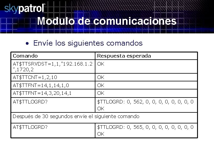 Modulo de comunicaciones • Envíe los siguientes comandos Comando Respuesta esperada AT$TTSRVDST=1, 1, ”