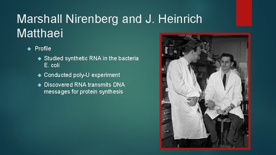 Marshall Nirenberg and J. Heinrich Matthaei Profile Studied synthetic RNA in the bacteria E.
