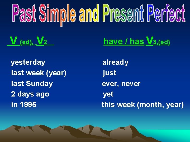 V (ed), V 2 have / has V 3, (ed) yesterday last week (year)