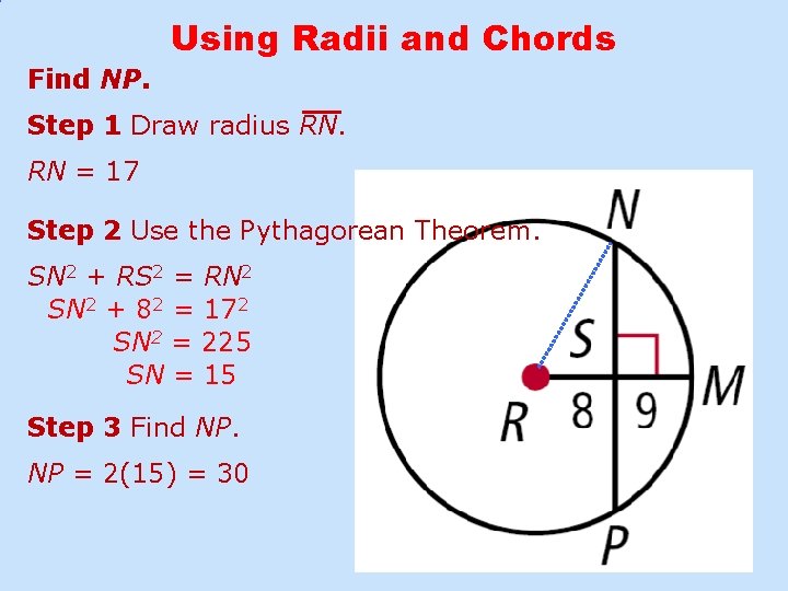 Using Radii and Chords Find NP. Step 1 Draw radius RN. RN = 17