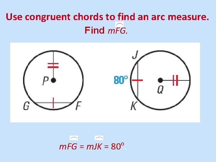 Use congruent chords to find an arc measure. Find m. FG = m. JK