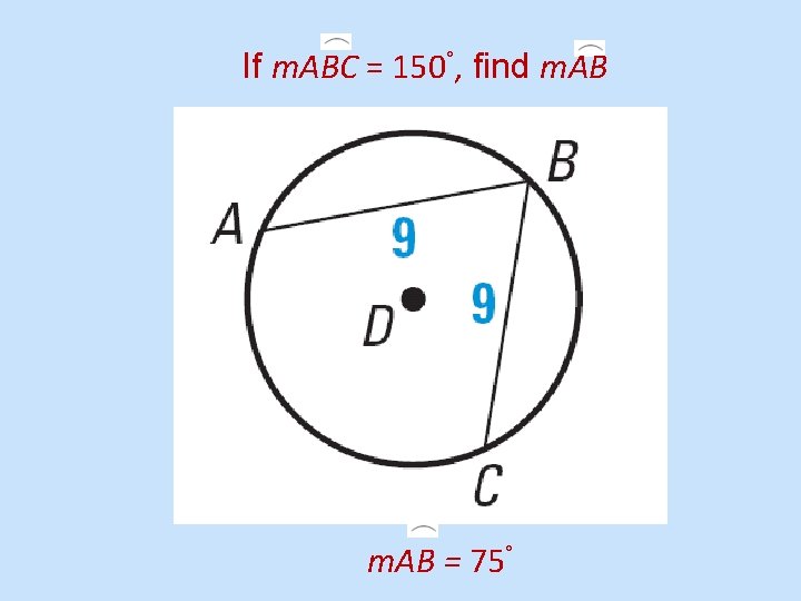 If m. ABC = 150°, find m. AB = 75° 