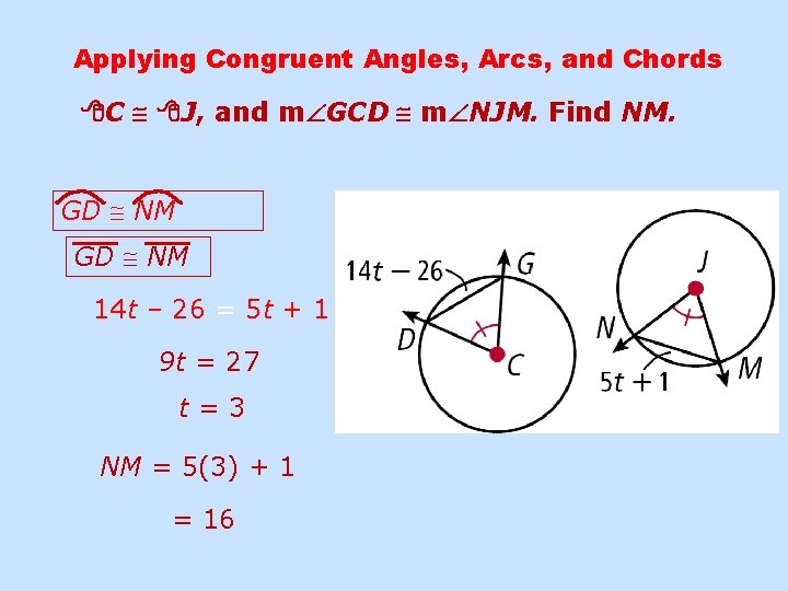 Applying Congruent Angles, Arcs, and Chords C J, and m GCD m NJM. Find