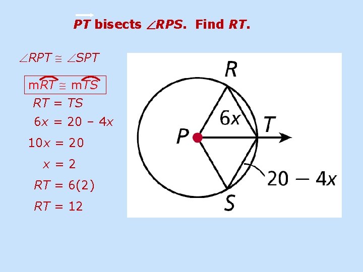 PT bisects RPS. Find RT. RPT SPT m. RT m. TS RT = TS