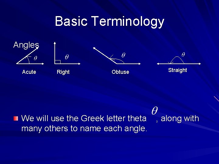 Basic Terminology Angles Acute Right Obtuse Straight We will use the Greek letter theta