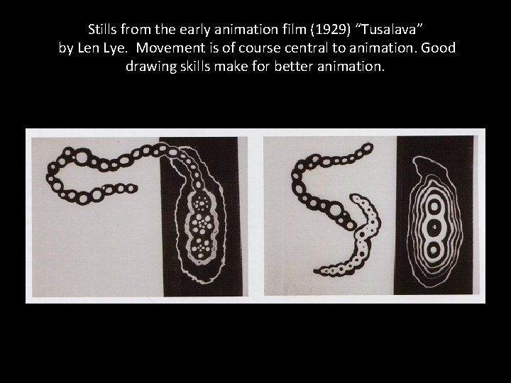 Stills from the early animation film (1929) “Tusalava” by Len Lye. Movement is of