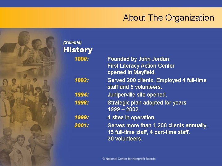 About The Organization (Sample) History 1990: 1992: 1994: 1998: 1999: 2001: Founded by John