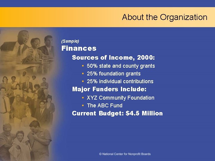 About the Organization (Sample) Finances Sources of Income, 2000: 50% state and county grants