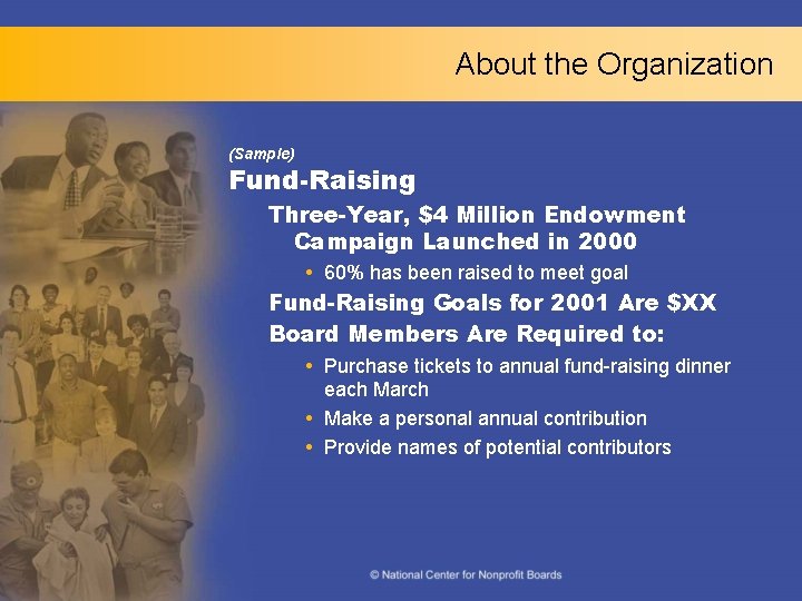 About the Organization (Sample) Fund-Raising Three-Year, $4 Million Endowment Campaign Launched in 2000 60%