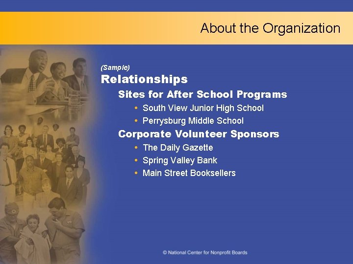 About the Organization (Sample) Relationships Sites for After School Programs South View Junior High