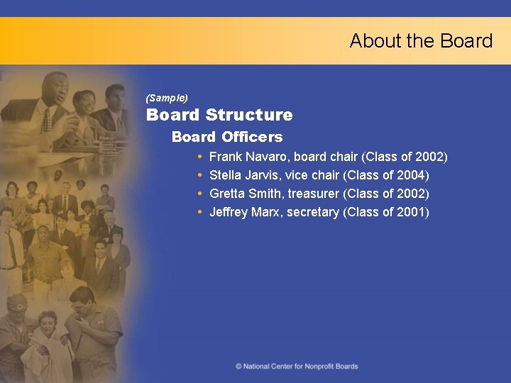 About the Board (Sample) Board Structure Board Officers Frank Navaro, board chair (Class of