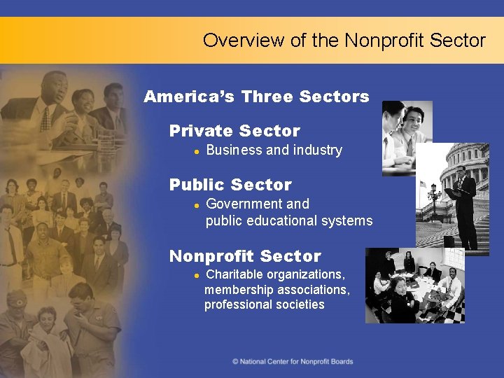 Overview of the Nonprofit Sector America’s Three Sectors Private Sector l Business and industry