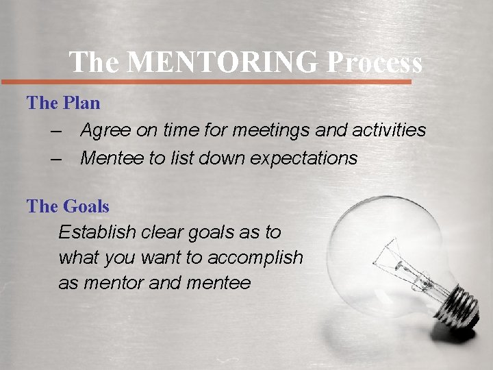 The MENTORING Process The Plan – Agree on time for meetings and activities –