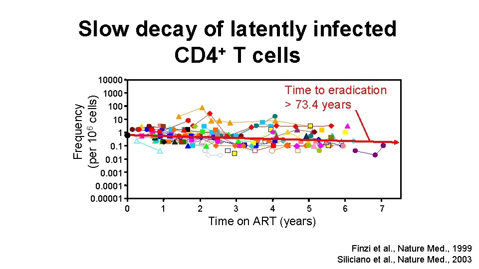 Slow decay of latently infected CD 4+ T cells Frequency (per 106 cells) 10000
