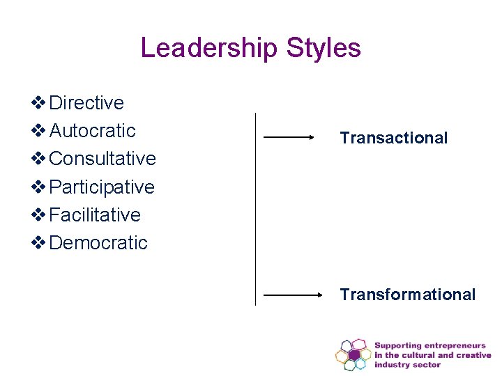 Leadership Styles v Directive v Autocratic v Consultative v Participative v Facilitative v Democratic