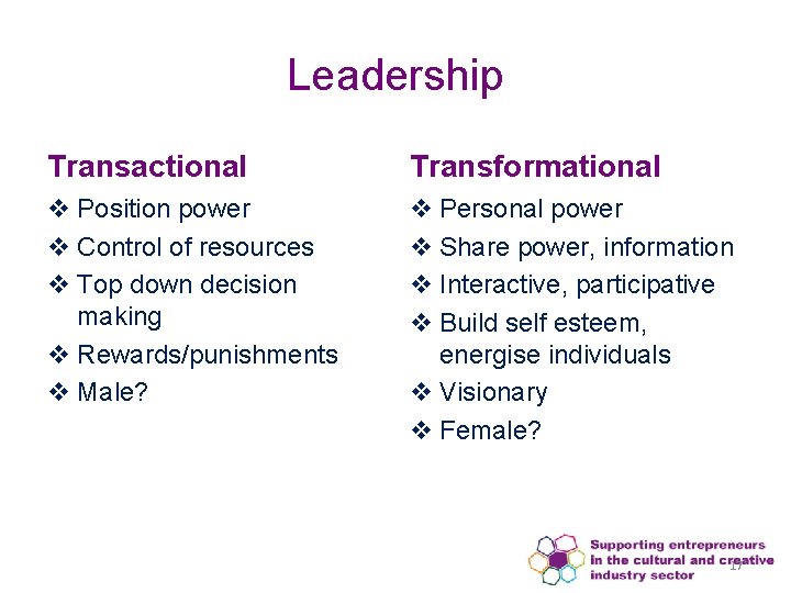 Leadership Transactional Transformational v Position power v Control of resources v Top down decision