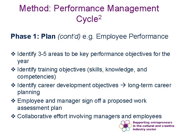 Method: Performance Management Cycle 2 Phase 1: Plan (cont‘d) e. g. Employee Performance v