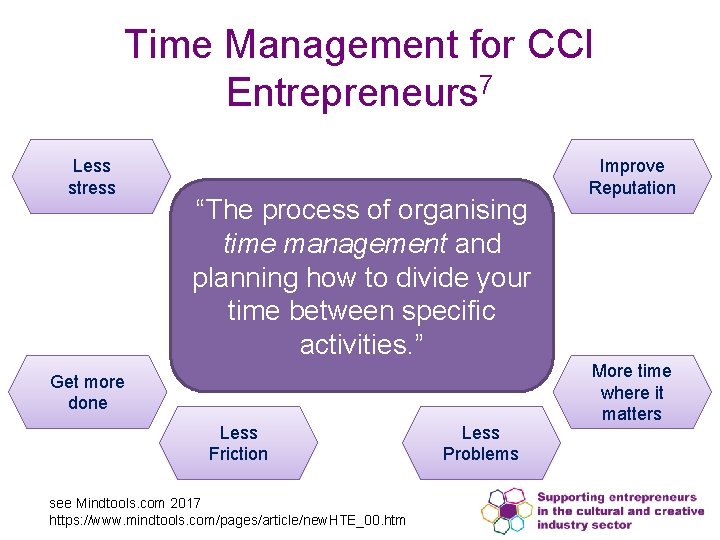 Time Management for CCI Entrepreneurs 7 Less stress “The process of organising time management