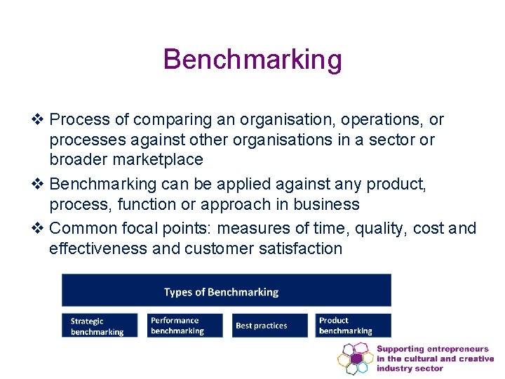 Benchmarking v Process of comparing an organisation, operations, or processes against other organisations in