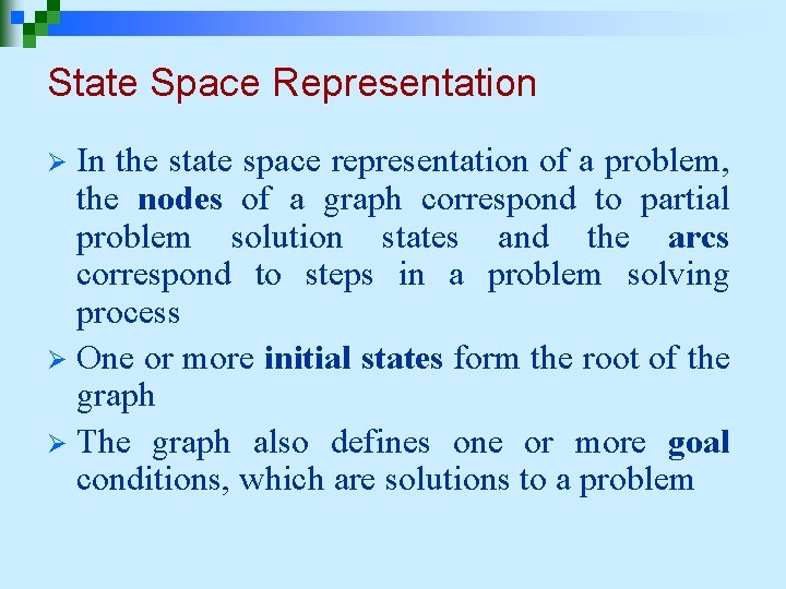 State Space Representation In the state space representation of a problem, the nodes of